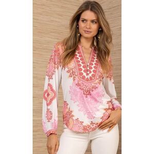 NWT Hale Bob Los Angeles Womens Azaria Jersey Pink White Long Sleeve Top Large